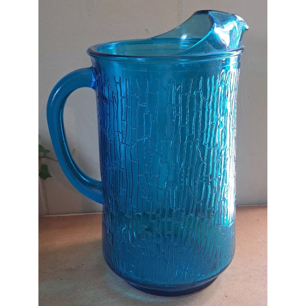 Vintage MCM Turquoise Glass Pagoda Pitcher Textured Anchor Hocking